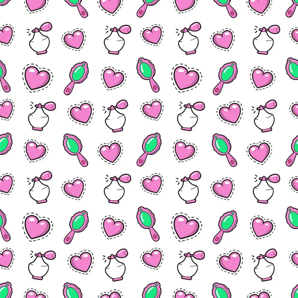 Pequeña Princesa Fondo sin costuras con corazones rosados, perfume y espejo. Patrón vectorial — Archivo Imágenes Vectoriales