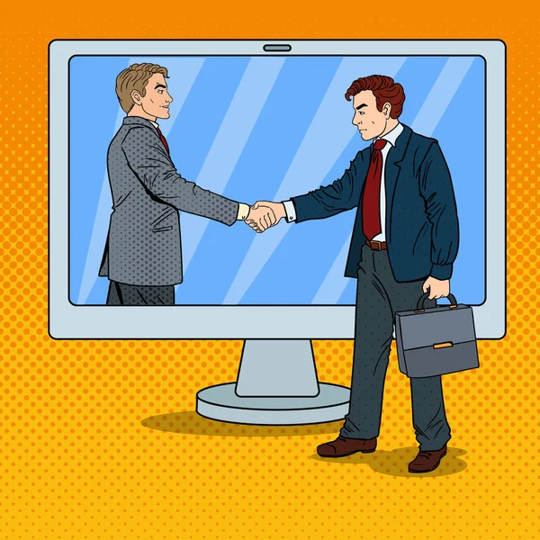 Empresarios de arte pop estrechan las manos a través de la pantalla de la computadora. Contrato de negocios. Ilustración vectorial — Archivo Imágenes Vectoriales
