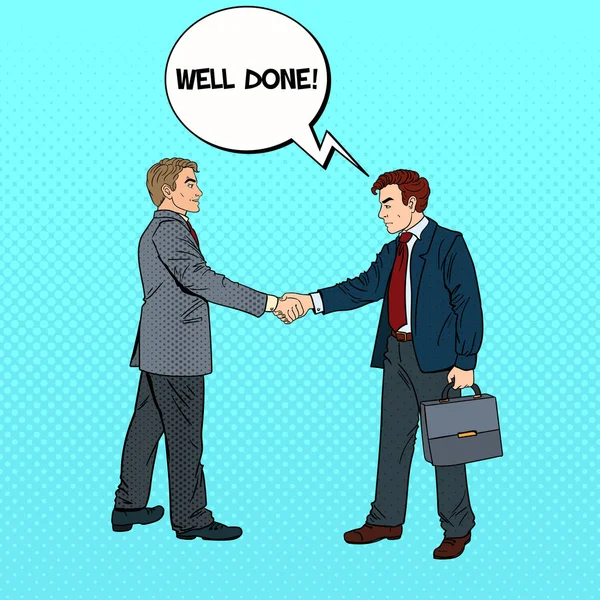 Pop Art Businessmen Shaking Hands Business Agreement (en inglés). Ilustración vectorial — Archivo Imágenes Vectoriales