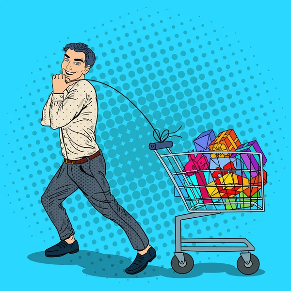 Pop Art Happy Man con carrito de compras lleno de regalos. Ilustración vectorial — Archivo Imágenes Vectoriales
