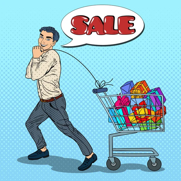 Pop Art Happy Man con carrito de compras lleno de regalos en venta de temporada. Ilustración vectorial — Archivo Imágenes Vectoriales