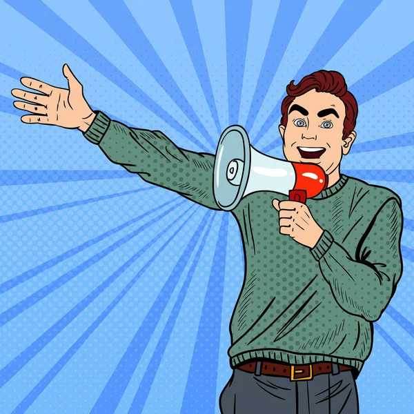 Pop Art Man avec mégaphone Promouvoir la grande vente. Illustration vectorielle — Image vectorielle