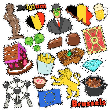 Belçika seyahat Scrapbook çıkartmalar, yamalar, parmak patates kızartması ile rozetleri, çikolata ve Belçika öğeleri. Çizgi roman tarzı vektör Doodle
