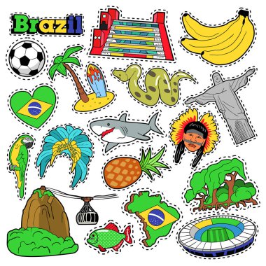 Brezilya seyahat Scrapbook çıkartmalar, yamalar, muz, orman ve Brezilyalı öğeleri baskılar için rozetleri. Çizgi roman tarzı vektör Doodle