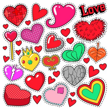 Kalpleri sevgi rozetleri, çıkartmalar, yamalar Romatic Scrapbook tasarımı için. Vektör çizim