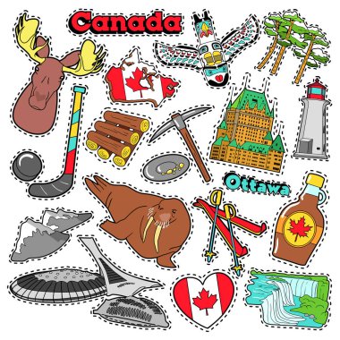 Kanada seyahat Scrapbook çıkartmalar, yamalar, akçaağaç şurubu, Niagara Şelalesi ve Kanada öğeleri baskılar için rozetleri. Çizgi roman tarzı vektör Doodle
