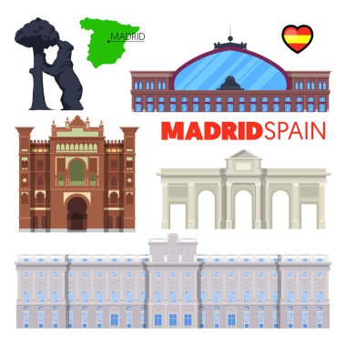 Madrid İspanya seyahat Doodle Madrid mimarisi, Alcala kapısı ve bayrak. Vektör çizim