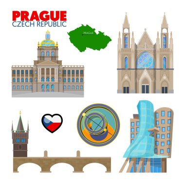 Prague Czech Republic Travel Doodle with Prague Architecture, Charles Bridge and Flag. Vector illustration