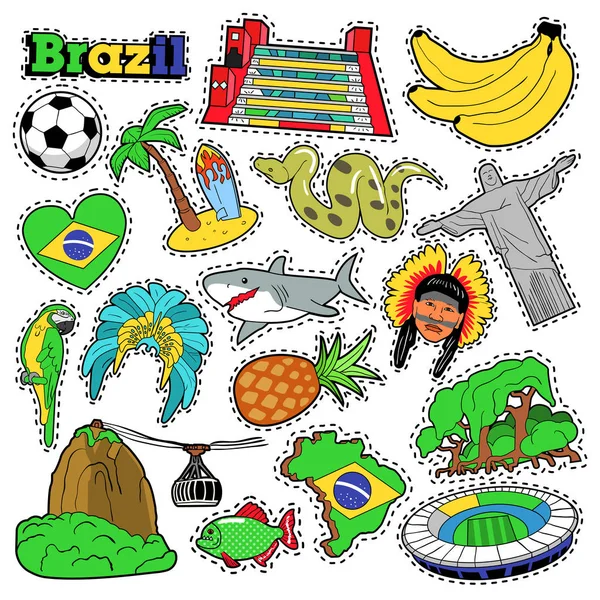 ブラジル旅行のスクラップ ブック ステッカー、パッチ、バナナ、ジャングルおよびブラジルの要素と印刷のためのバッジ。コミック スタイル ベクトル落書き — ストックベクタ