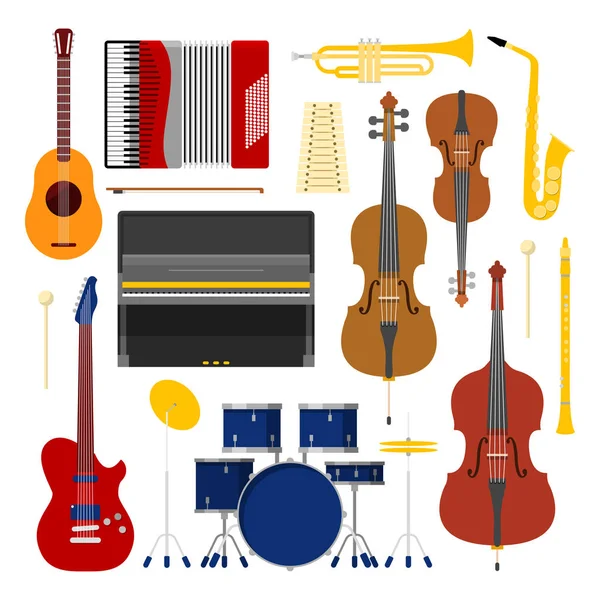 Musik instrumenterar in ikoner Collection med trumma, fiol och dragspel. Vektorillustration — Stock vektor