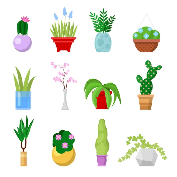 Topfpflanzen gesetzt. dekorative Zimmerpflanzen und Blumen in Töpfen. Vektorillustration — Stockvektor
