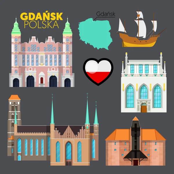 Gdansk Poland Travel Doodle with Gdansk Architecture, Ship and Flag (en inglés). Ilustración vectorial — Vector de stock