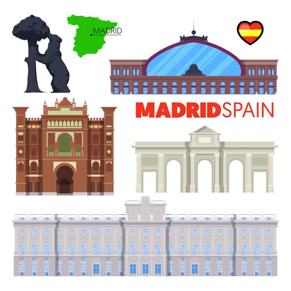Madrid Spagna Viaggio Doodle con Architettura di Madrid, Porta Alcala e Bandiera. Illustrazione vettoriale — Vettoriale Stock