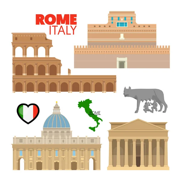 Rome Italië reizen Doodle met Rome architectuur, tempel van Jupiter Optimus Wolf en vlag. Vectorillustratie — Stockvector