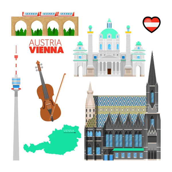 Viena Austria Viaja Doodle con Viena Arquitectura, Violín y Bandera. Ilustración vectorial — Archivo Imágenes Vectoriales