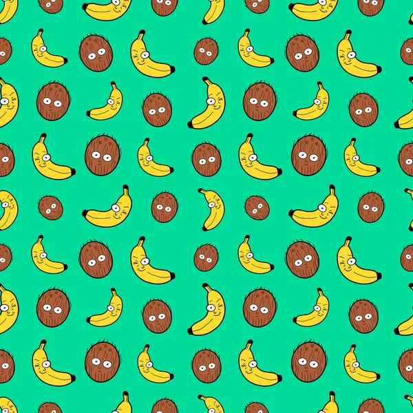 Vruchten naadloze Vector achtergrond met grappige bananen en kokosnoten — Stockvector