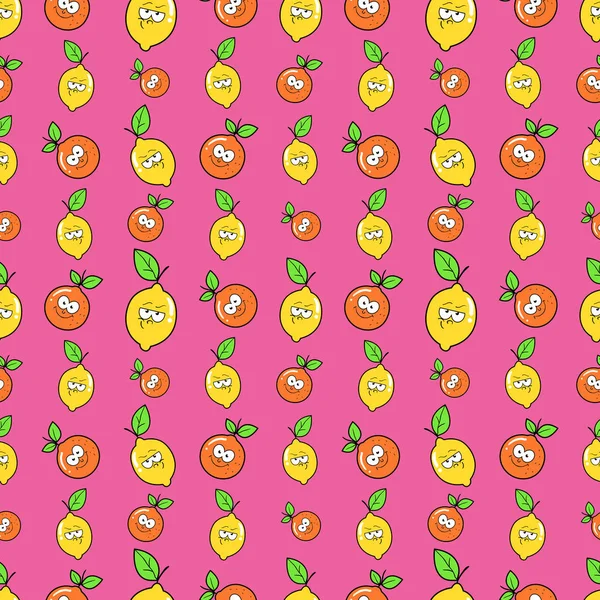 Frukt sömlös vektorbakgrund med roliga apelsiner och citroner — Stock vektor