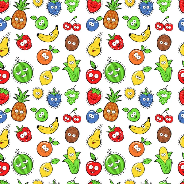 Frukt sömlös vektorbakgrund med roliga bananer, apelsiner och jordgubbar — Stock vektor