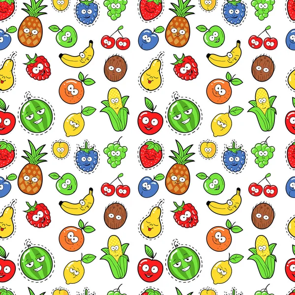 Frutas Seamless Vector fundo com bananas engraçadas, laranjas e morangos — Vetor de Stock