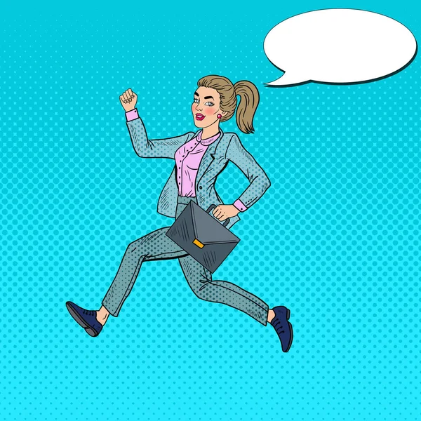 Pop Art Running Mujer de negocios con maletín. Ilustración vectorial — Vector de stock