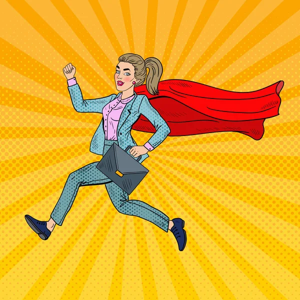 Pop Art Super Business Woman con Red Cape Running con maletín. Ilustración vectorial — Vector de stock