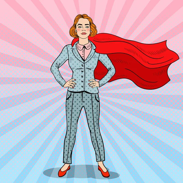 Pop Art Confident Business Woman Super Hero in Suit with Red Cape. Ilustración vectorial — Vector de stock