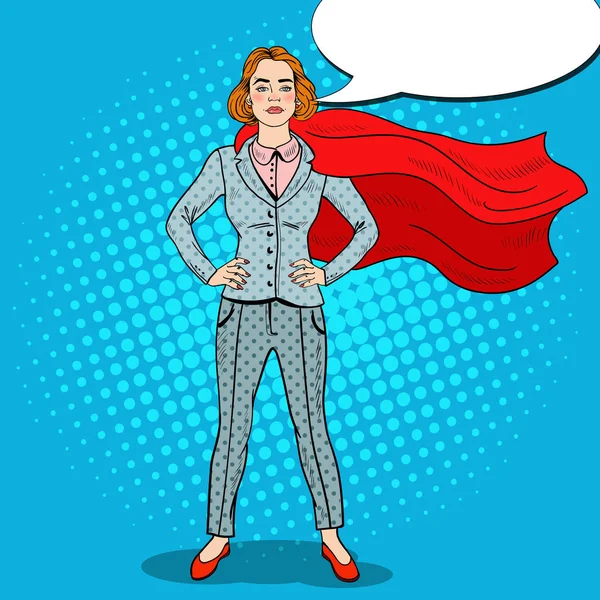 波普艺术信心十足的商业女人超级英雄穿着红色披肩。矢量图 — 图库矢量图片