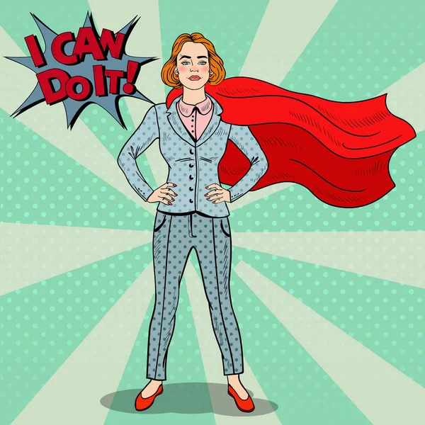 Pop Art selbstbewusste Geschäftsfrau Superheldin im Anzug mit rotem Umhang. Vektorillustration — Stockvektor