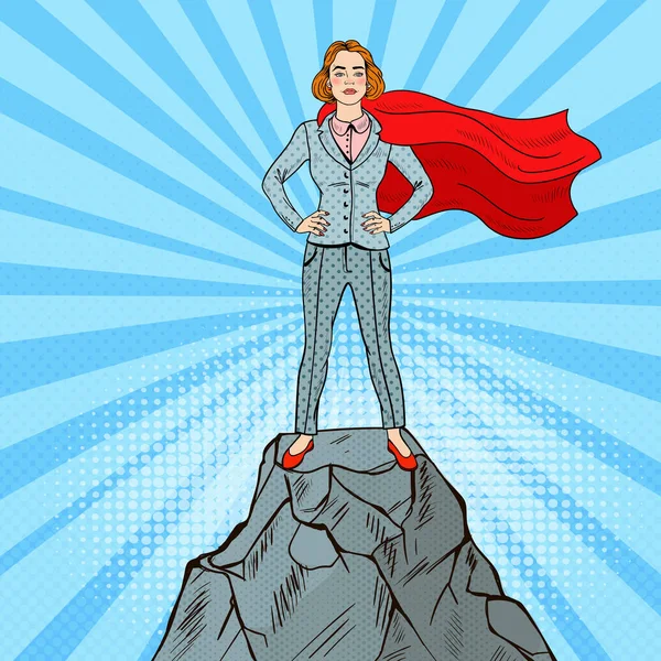 Pop Art Confident Business Woman Super Hero in Suit with Red Cape Standing on the Mountain Peak. Vector illustration — Stock Vector