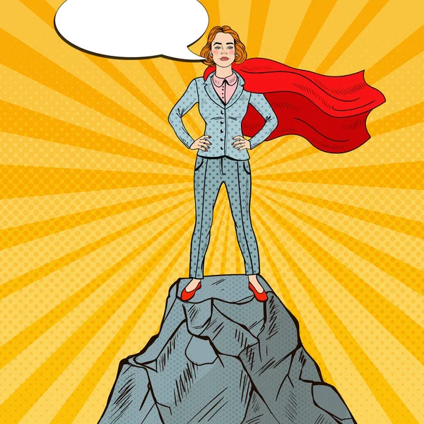 Pop Art Confident Business Woman Super Hero in Suit with Red Cape Standing on the Mountain Peak. Ilustración vectorial — Vector de stock