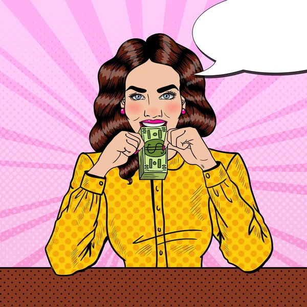 Поп-арт Успешная молодая красивая женщина ест деньги. Векторная иллюстрация — стоковый вектор