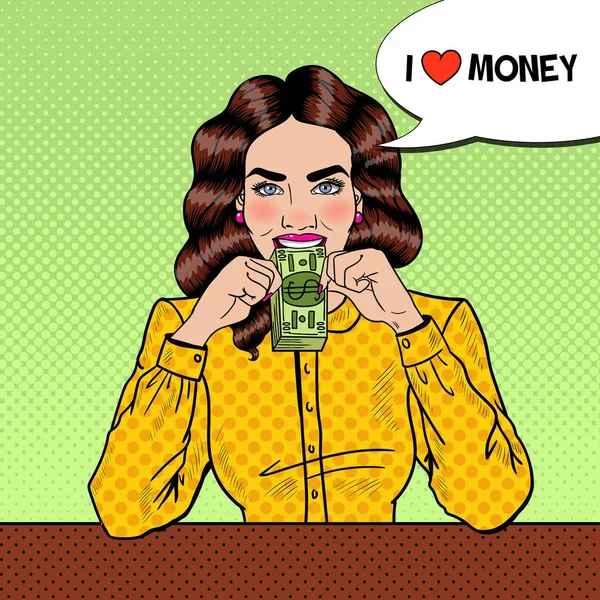 Pop Art Joven exitosa Hermosa mujer comiendo dinero. Ilustración vectorial — Archivo Imágenes Vectoriales