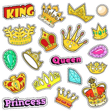 Karalama defteri, çıkartmalar, yamalar, rozetleri için altın dekoratif öğeler kron. Vektör Doodle