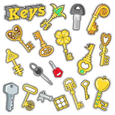 Karalama defteri, çıkartmalar, yamalar, rozetleri için anahtar taşı dekoratif öğeler. Vektör Doodle