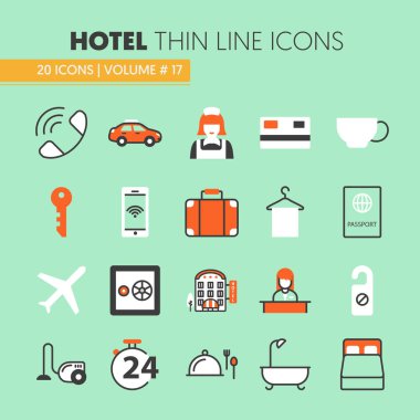 Resepsiyon ve Hizmetleri ile fuarın olacağı konaklama ince çizgi vektör Icons Set