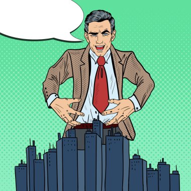 Pop Art uğursuz işadamı şehri ele geçirmek istiyor. Vektör çizim