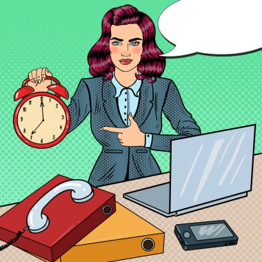 Office iş dizüstü bilgisayar ile çalar saat tutan Pop sanat iş kadın. Vektör çizim
