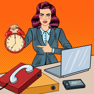 Office iş dizüstü bilgisayar ile çalar saat tutan Pop sanat iş kadın. Vektör çizim