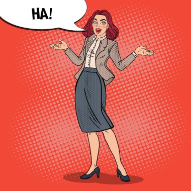 Pop Art mutlu iş kadını heyecanlı. Vektör çizim