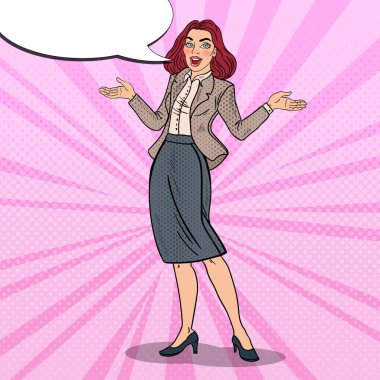 Pop Art mutlu iş kadını heyecanlı. Vektör çizim