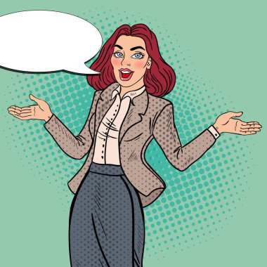 Pop Art mutlu iş kadını heyecanlı. Vektör çizim