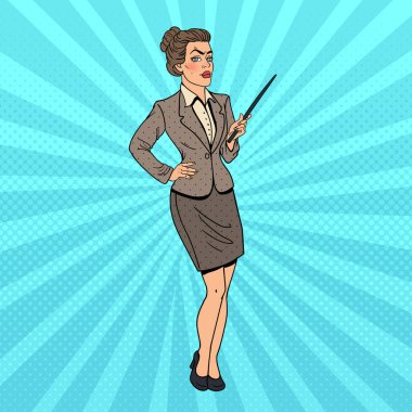 Pop sanat iş kadını işaretçi sopa ile. Vektör çizim