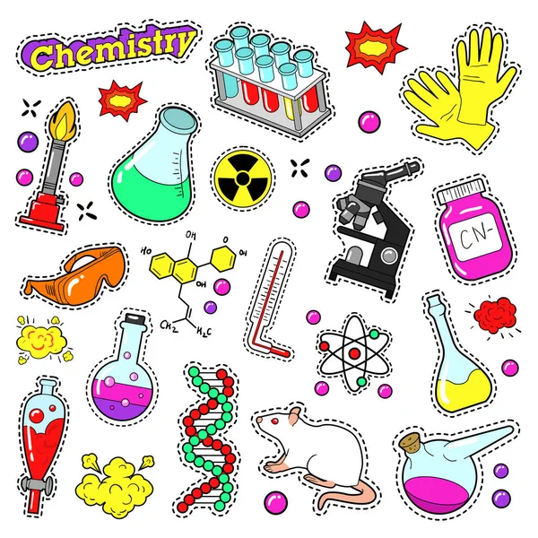 Elementi decorativi chimici per album, adesivi, patch, badge. Vettore Doodle — Vettoriale Stock