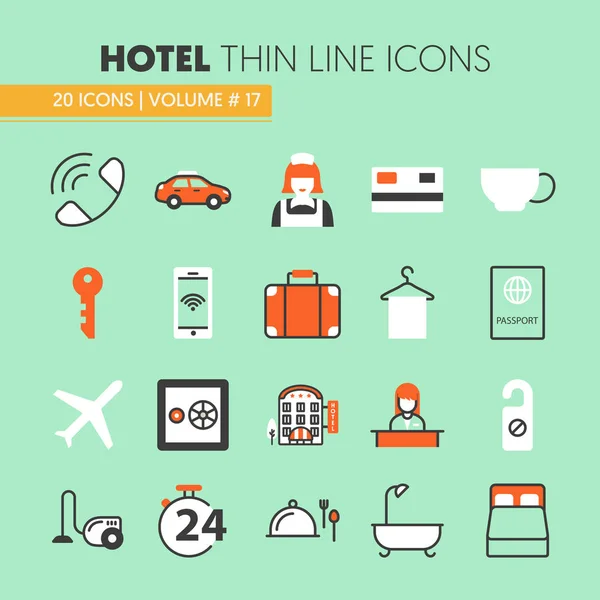 Hotel Accomodation tunn linje Vector ikoner Set med Reception och tjänster — Stock vektor
