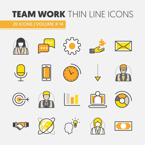 Business Team Arbeit Linie Kunst dünne Vektorsymbole mit Menschen gesetzt — Stockvektor