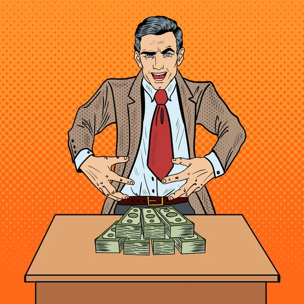 Pop Art Hombre de negocios siniestro quiere apoderarse del dinero. Ilustración vectorial — Vector de stock