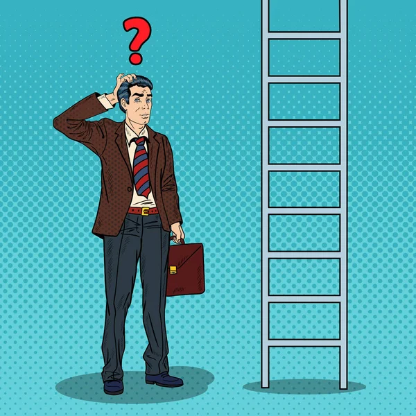 Pop Art Doubtful Businessman Looking Up at Ladder. Ilustrasi vektor - Stok Vektor