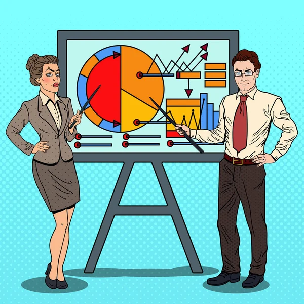 Pop Art Business Woman and Businessman with Pointer Stick Presenting Business Chart. Vector illustration — Stock Vector