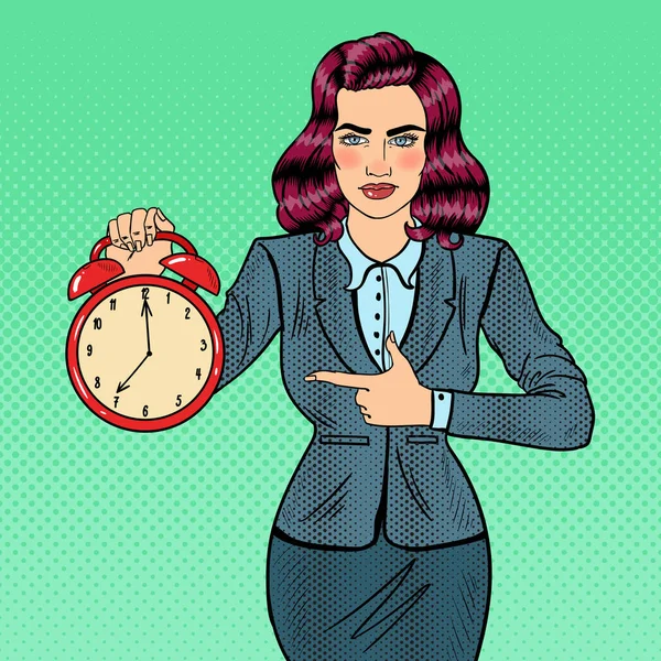 Pop Art mulher de negócios segurando relógio de alarme. Hora de trabalhar. Ilustração vetorial — Vetor de Stock