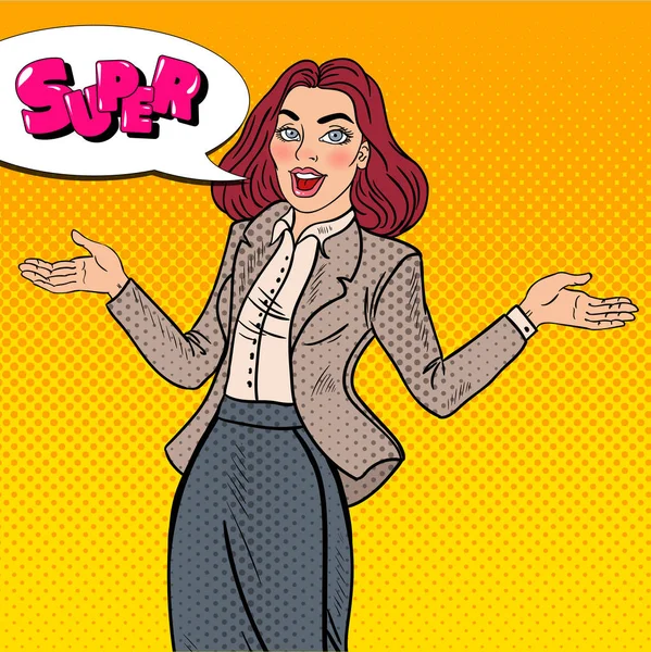 Pop Art Excited Happy Business Woman. Vector illustration — Stock Vector
